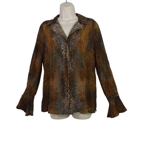 Kobi Halperin Animal Leopard Print Silk Blouse Women Size S Long Bell Sleeves - Picture 1 of 13